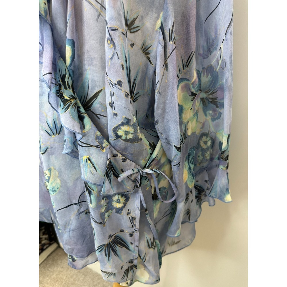 Midnight Velvet 100% Silk Ruffle Wrap Blouse Blue Floral Sheer Top Plus Size 18W - Picture 5 of 13